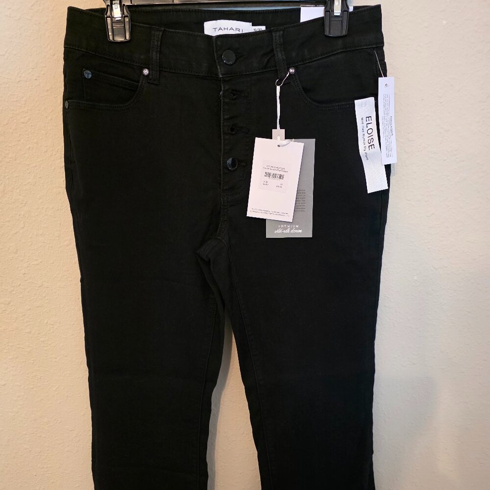 NWT Tahari Mid-Rise Button Fly Flare Black Rinse Women's Jeans, Size 10/30.